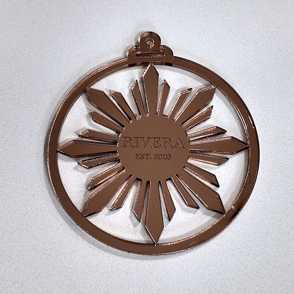 Philippine Sun Christmas Ornament – Gold Mirror Acrylic | Rose Gold or Yellow Gold | Personalized Filipino Parol-Inspired Décor