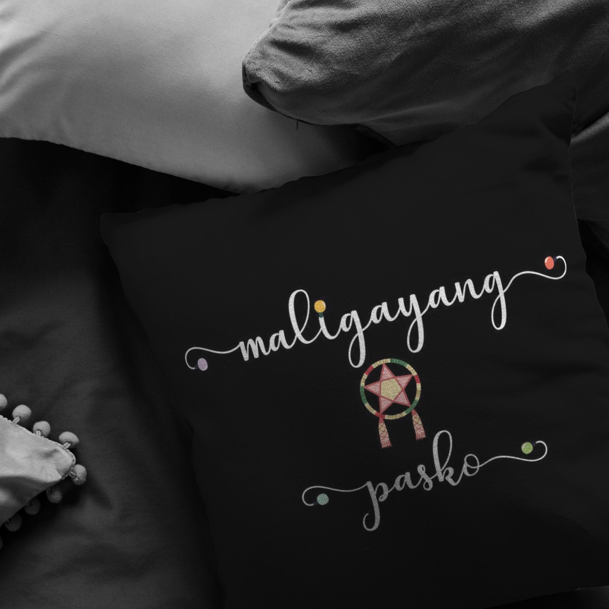 Maligayang Pasko Black broadcloth pillowPillows Multi - My E Three