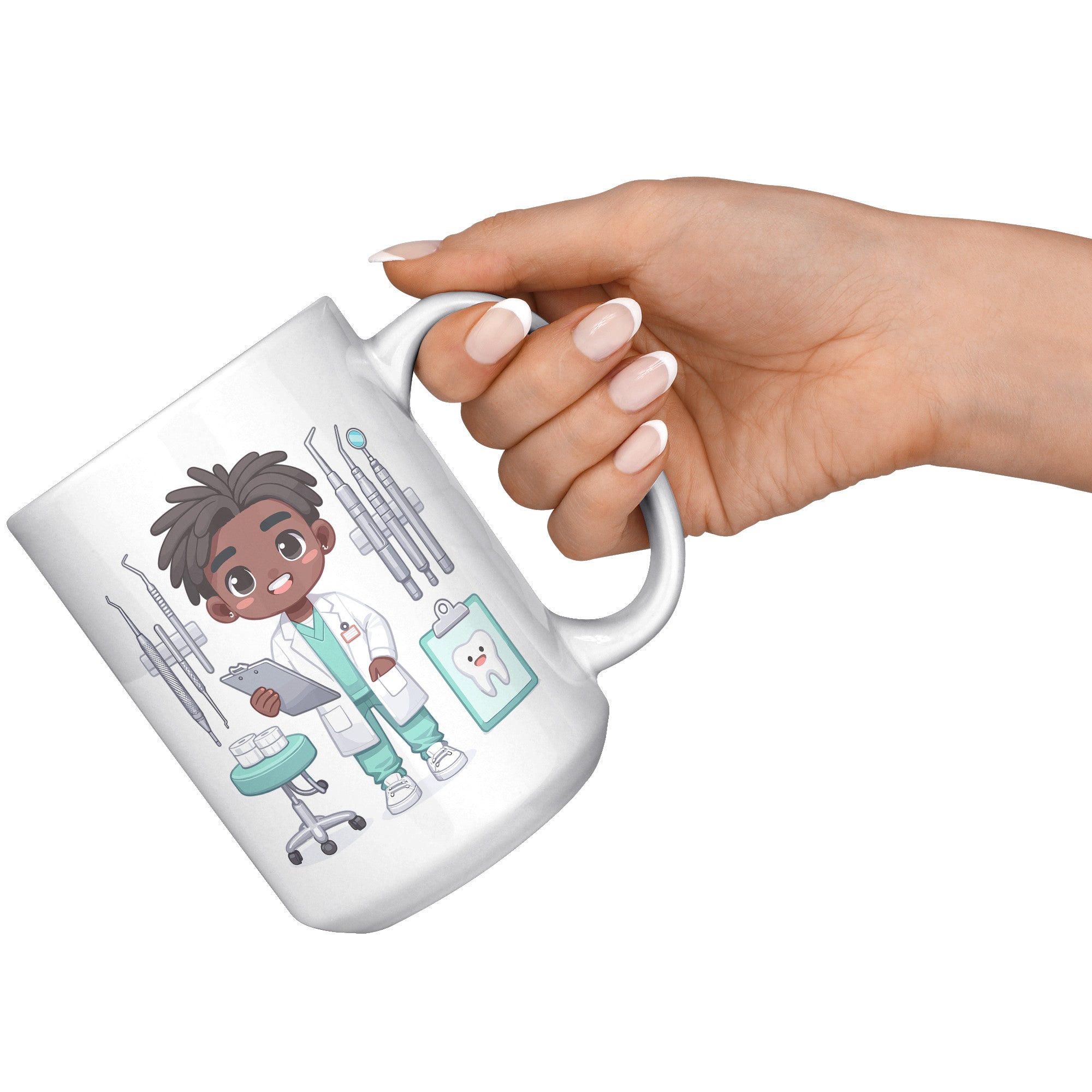 15 oz Custom Cartoon Dentist DDS Coffee Mug - Adorable Dental Cartoon Cup - Fun Gift for Dentists & Dental Students - Smile-Inspiring Morning Brew Holder -EE