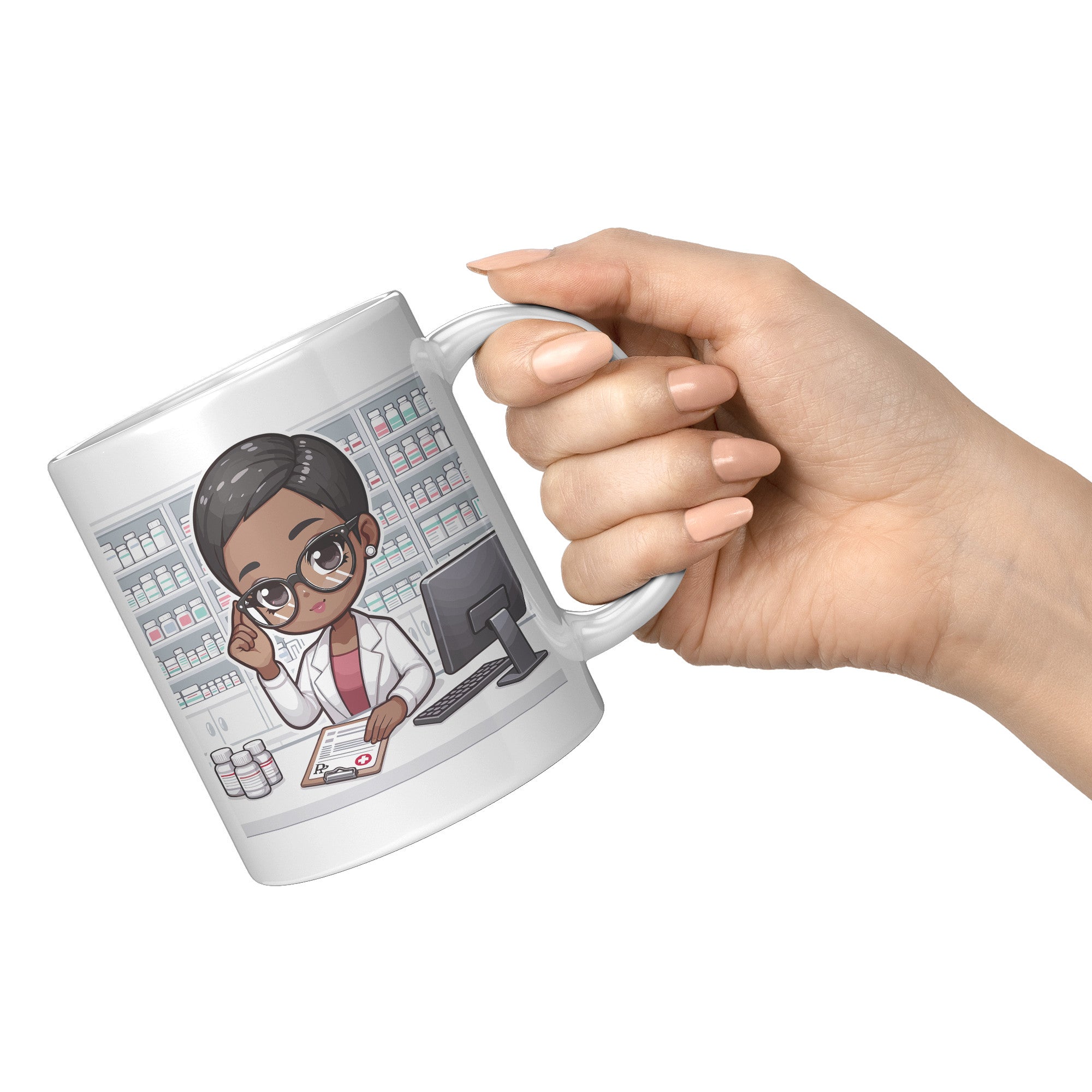11oz Custom Pharmacist Character Coffee Mug - Cute Pharmacy Cartoon Cup - Perfect Gift for Pharmacists & Pharmacy Techs - Fun Prescription for Your Coffee! - A