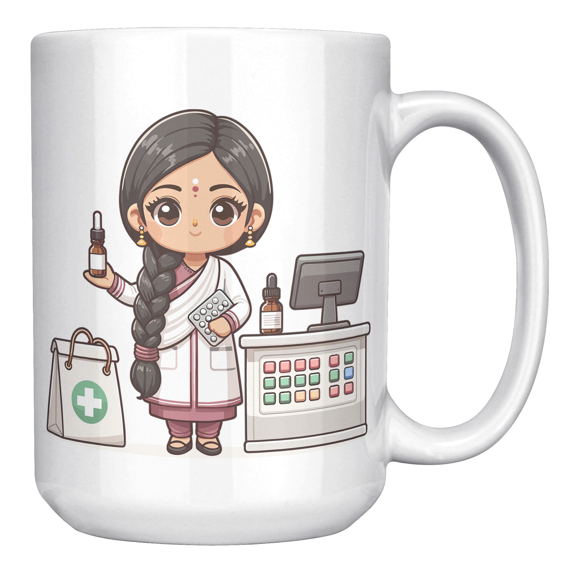 15oz Custom Pharmacist Character Coffee Mug - Cute Pharmacy Cartoon Cup - Perfect Gift for Pharmacists & Pharmacy Techs - Fun Prescription for Your Coffee! - A1