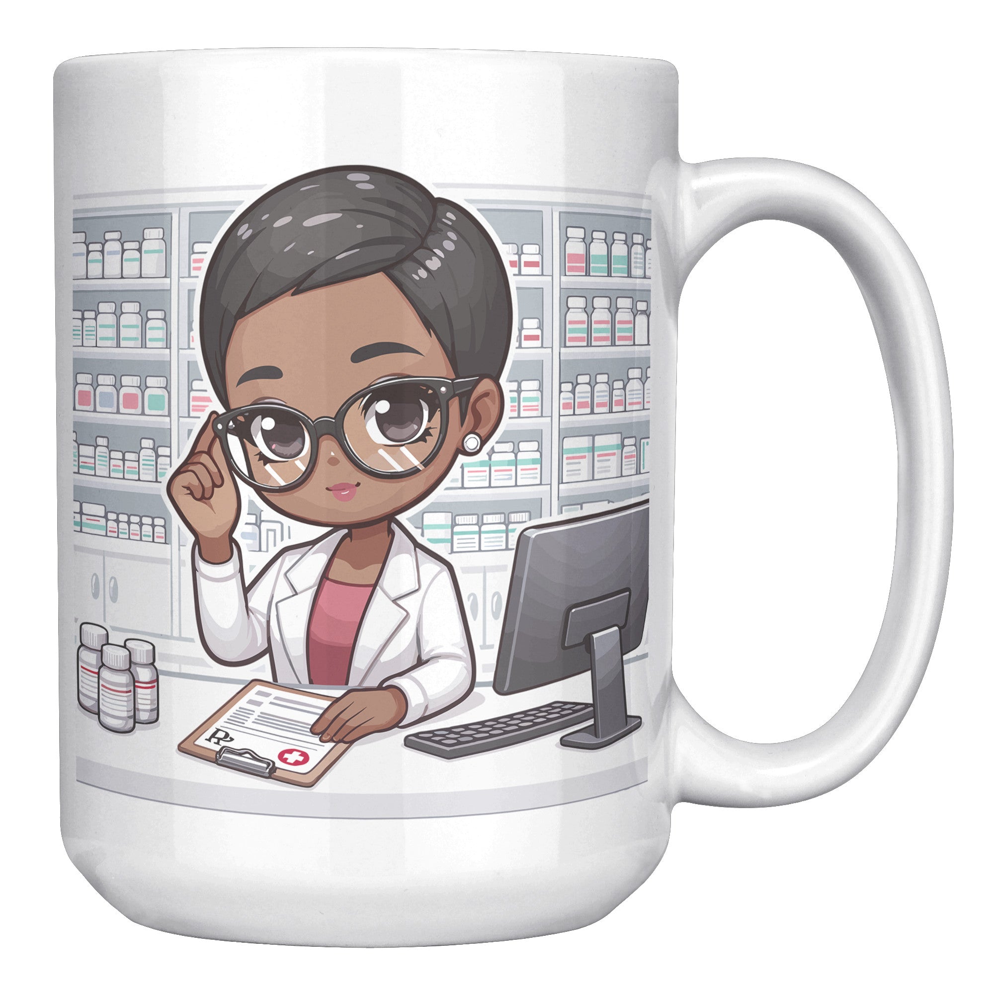 15oz Custom Pharmacist Character Coffee Mug - Cute Pharmacy Cartoon Cup - Perfect Gift for Pharmacists & Pharmacy Techs - Fun Prescription for Your Coffee! - A1