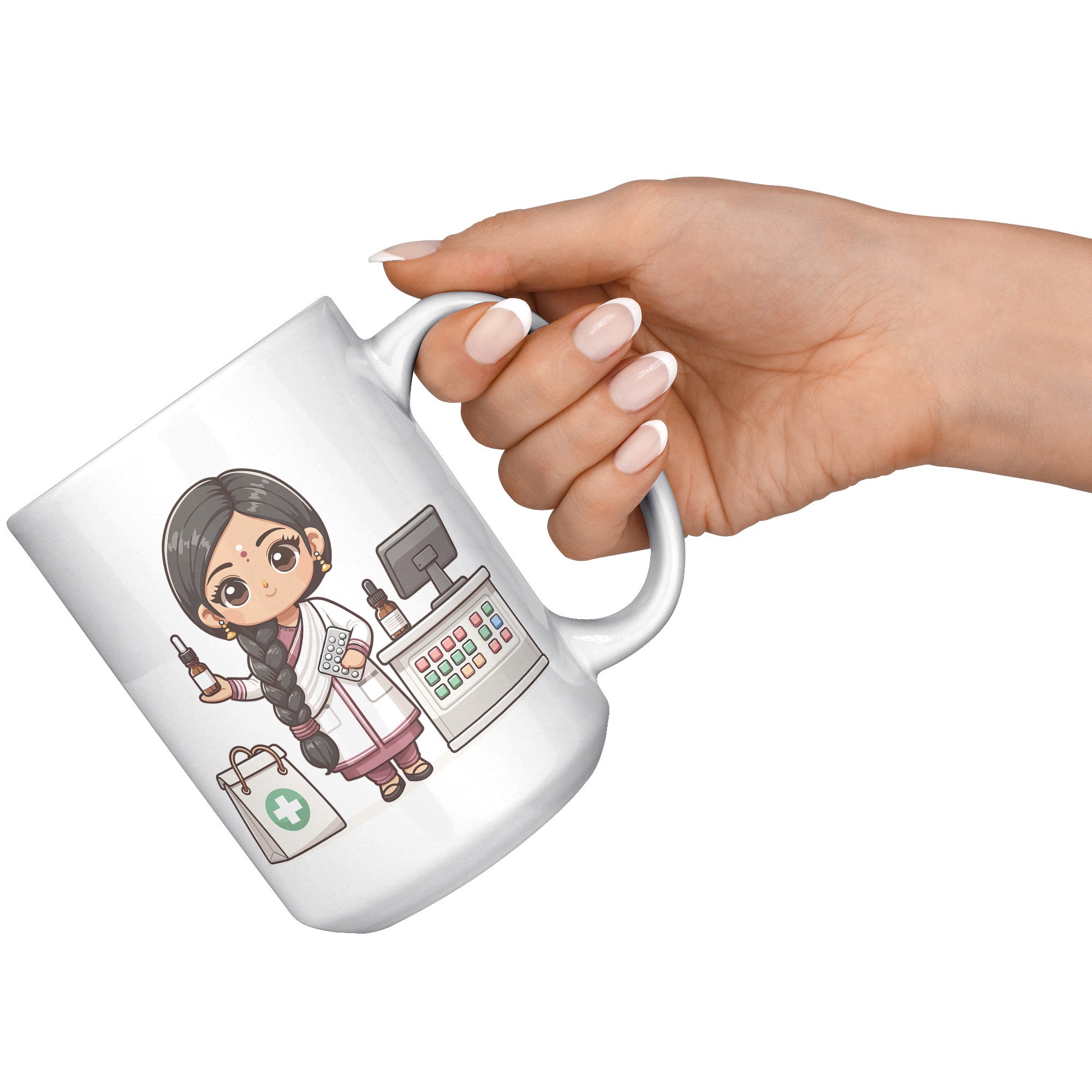 15oz Custom Pharmacist Character Coffee Mug - Cute Pharmacy Cartoon Cup - Perfect Gift for Pharmacists & Pharmacy Techs - Fun Prescription for Your Coffee! - A1