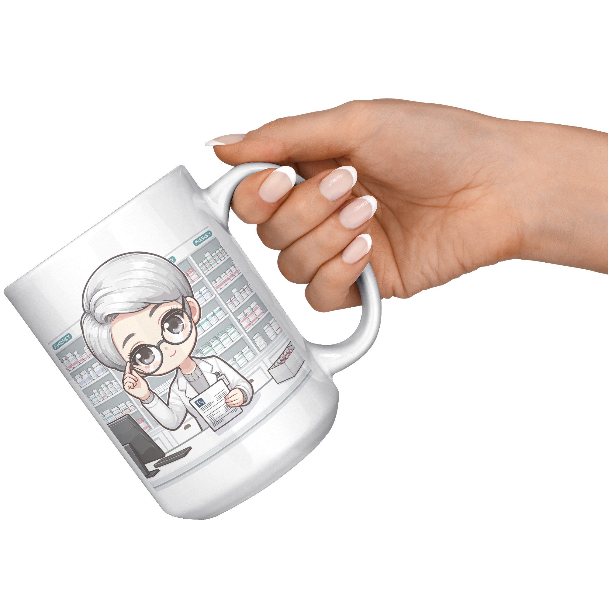 15oz Custom Pharmacist Character Coffee Mug - Cute Pharmacy Cartoon Cup - Perfect Gift for Pharmacists & Pharmacy Techs - Fun Prescription for Your Coffee! - A1