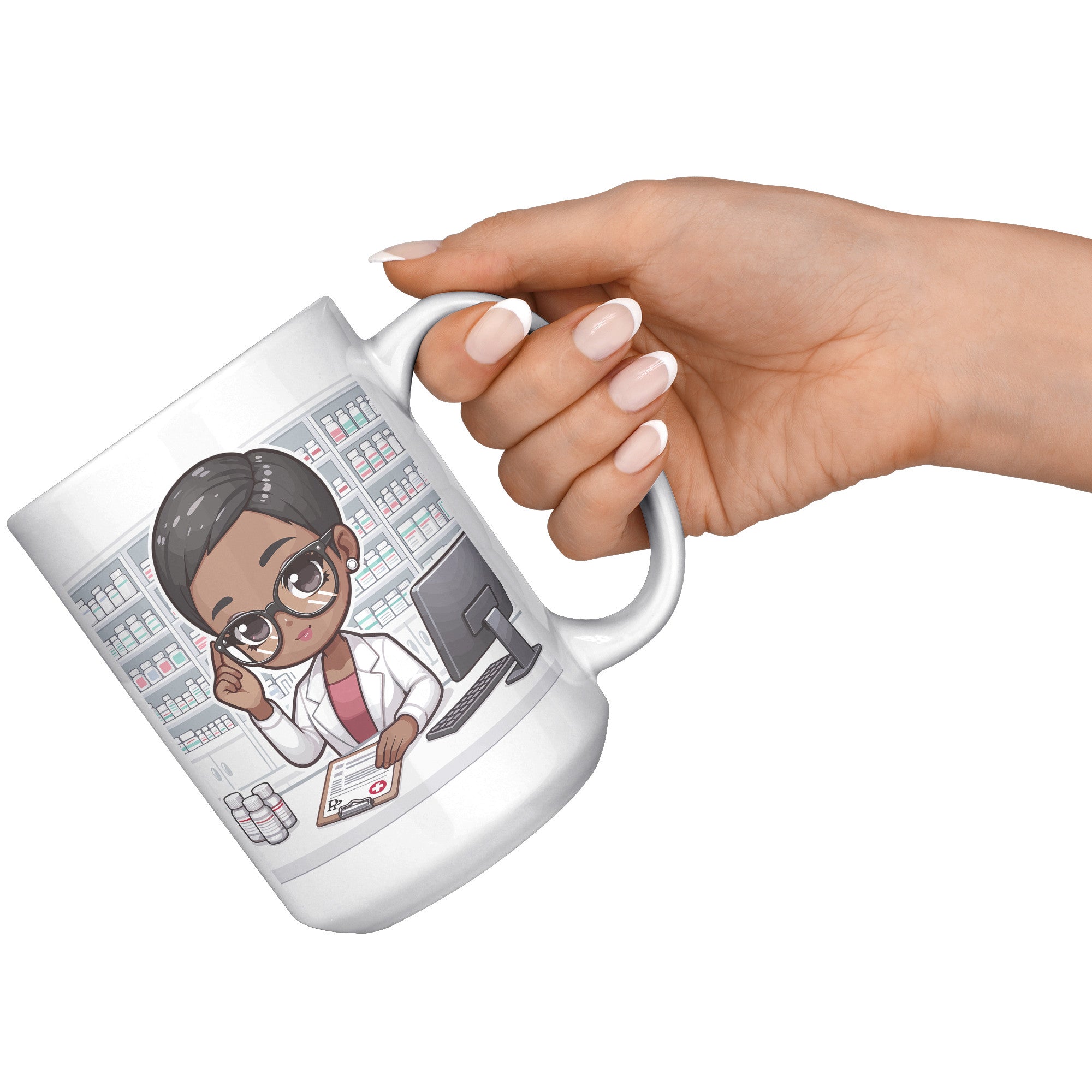 15oz Custom Pharmacist Character Coffee Mug - Cute Pharmacy Cartoon Cup - Perfect Gift for Pharmacists & Pharmacy Techs - Fun Prescription for Your Coffee! - A1