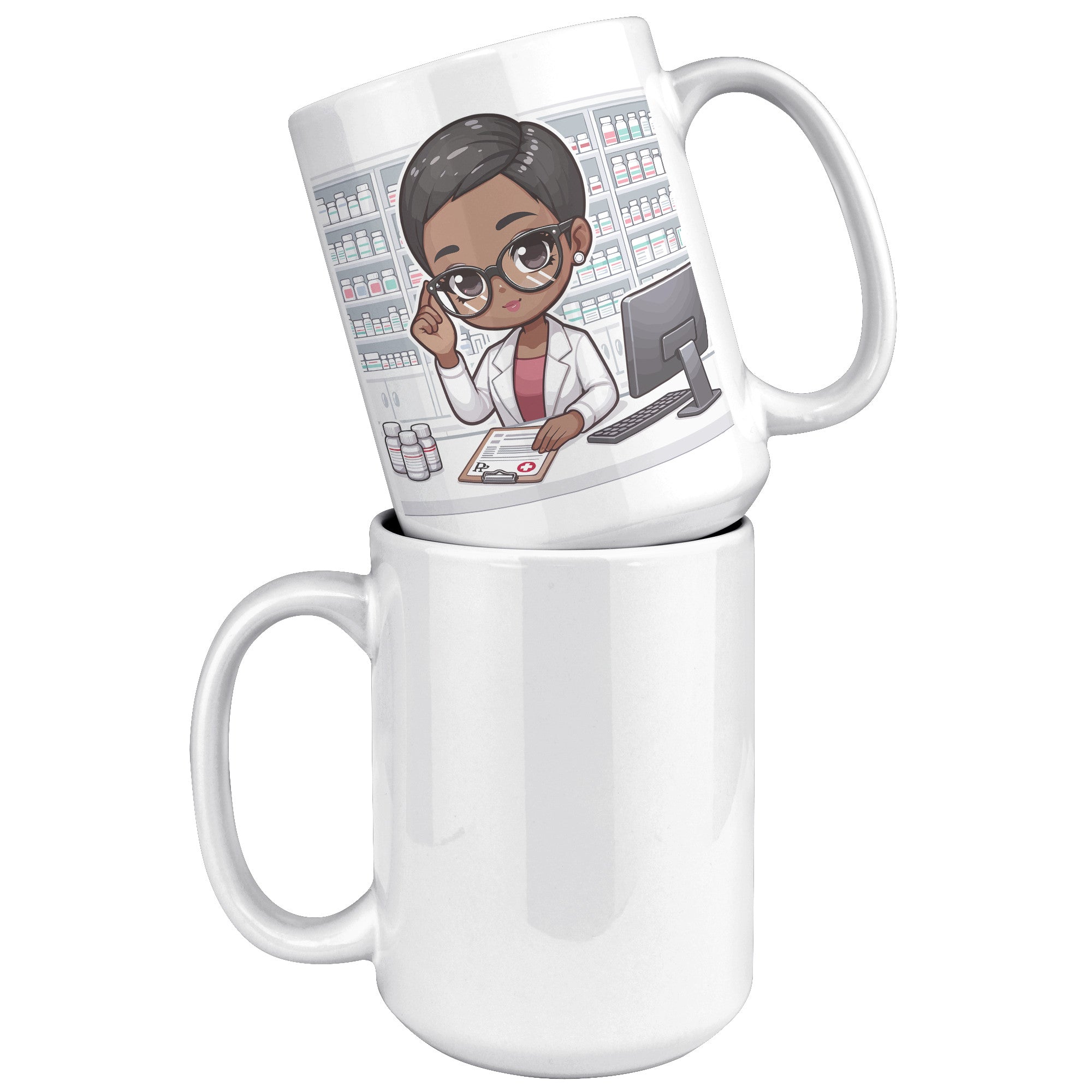 15oz Custom Pharmacist Character Coffee Mug - Cute Pharmacy Cartoon Cup - Perfect Gift for Pharmacists & Pharmacy Techs - Fun Prescription for Your Coffee! - A1