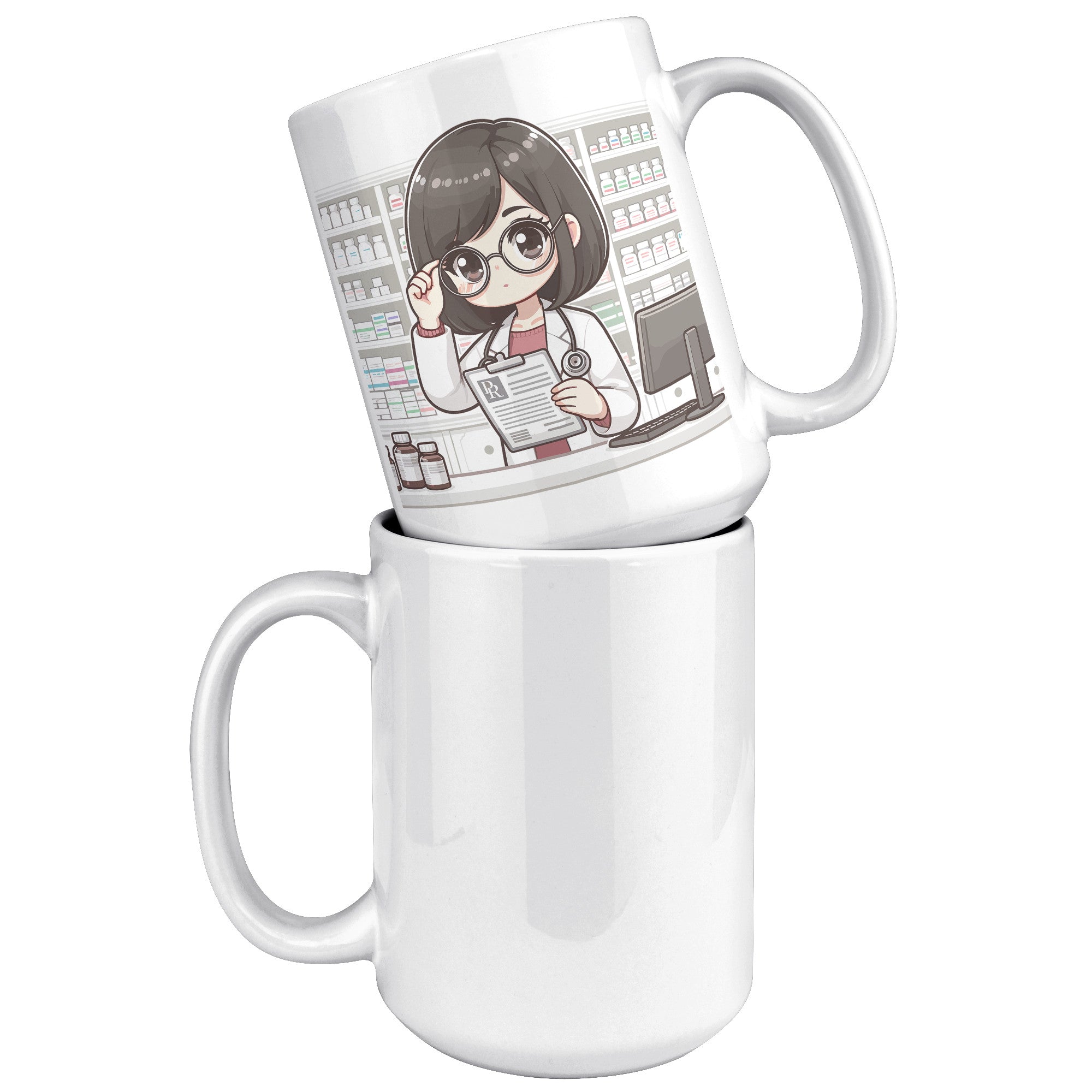 15oz Custom Pharmacist Character Coffee Mug - Cute Pharmacy Cartoon Cup - Perfect Gift for Pharmacists & Pharmacy Techs - Fun Prescription for Your Coffee! - A1