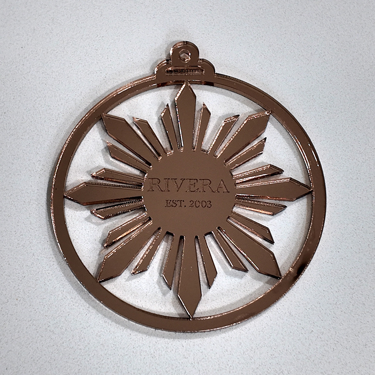 Philippine Sun Christmas Ornament – Gold Mirror Acrylic | Rose Gold or Yellow Gold | Personalized Filipino Parol-Inspired Décor