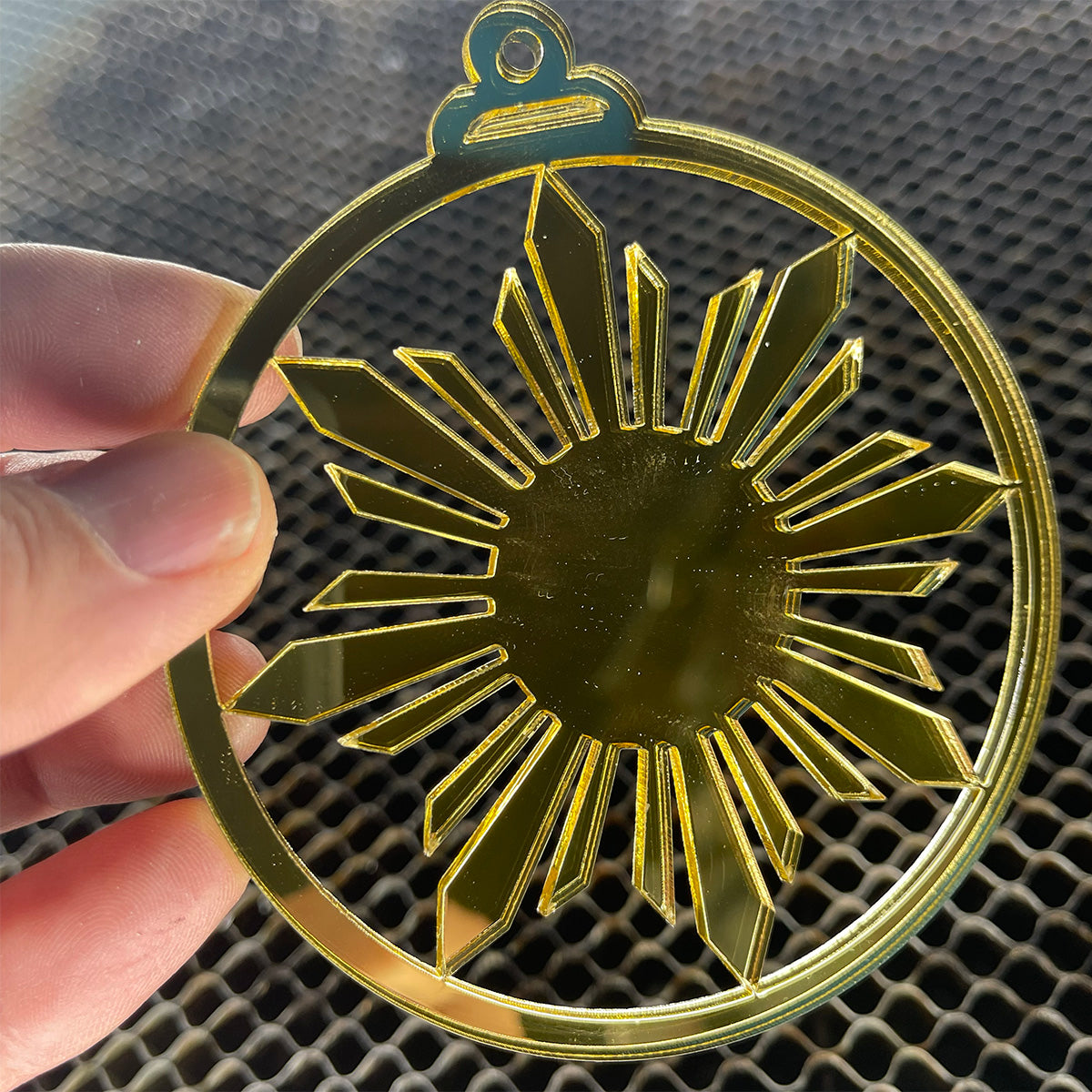 Philippine Sun Christmas Ornament – Gold Mirror Acrylic | Rose Gold or Yellow Gold | Personalized Filipino Parol-Inspired Décor