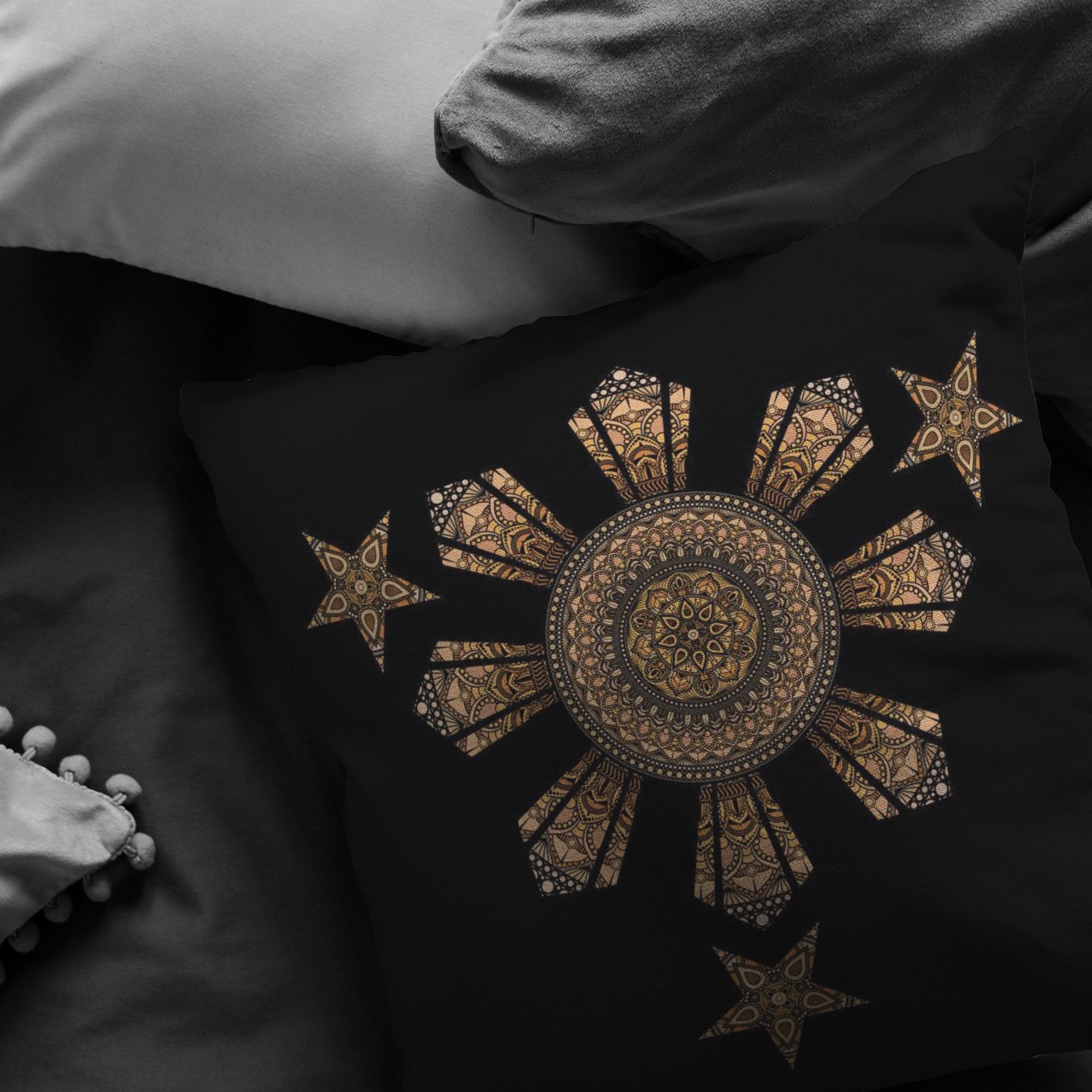Mandala Filipino Sun & Stars - Black boradcloth pillowsPillows Multi - My E Three